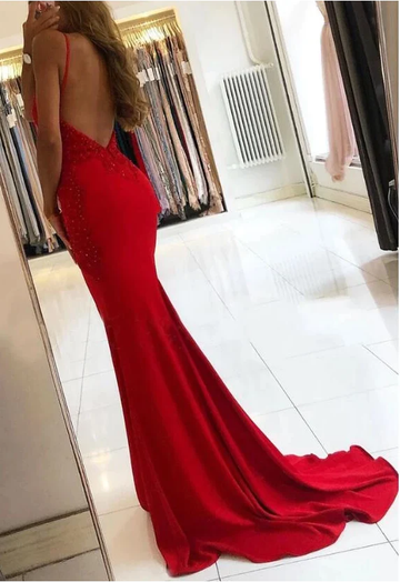 Red Mermaid Long Prom Dresses with Appliques and Beading HZ1023
